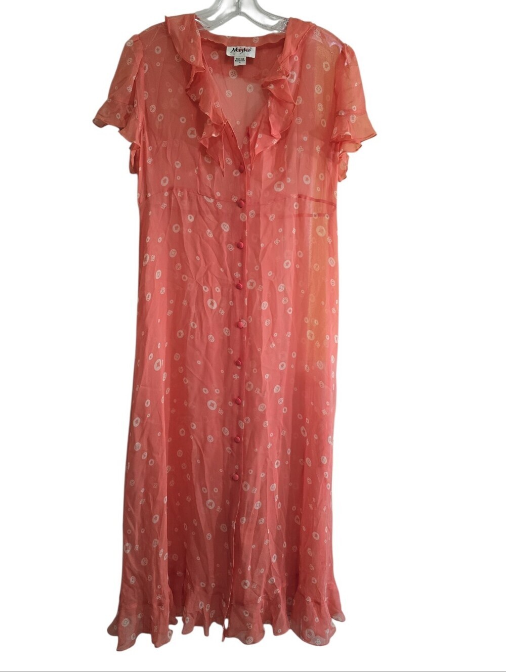 Misho Silk Midi Dress Salmon 6 90s Y2K Ruffle Neck Flounce Button Front Lined